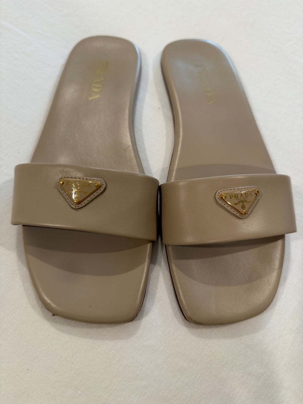 Prada Taupe Leather Slide Sandals with Gold Logo